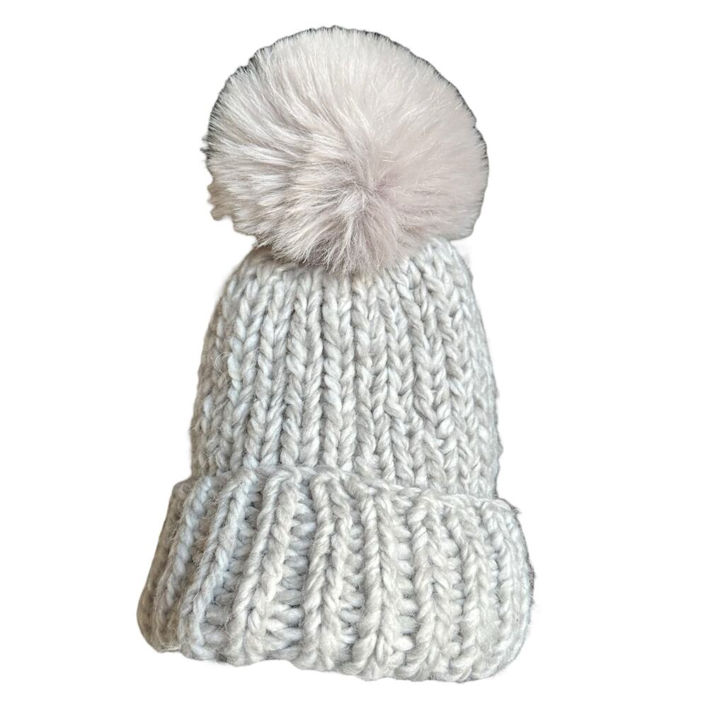 KYI KYI Gray Thick Knit Fleece Lined Pom Pom Beanie Hat Women's‎ One Size